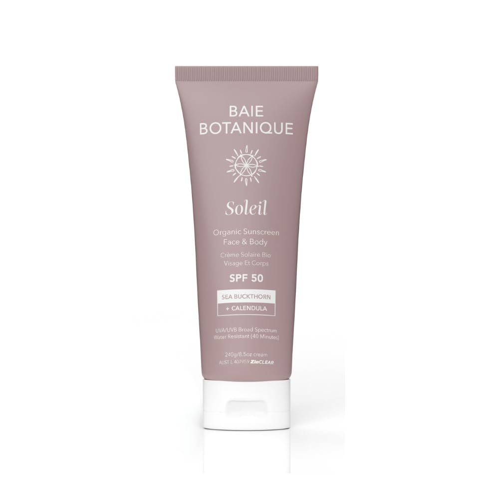 Baie Botanique Soleil - Organic Mineral Non Toxic Sunscreen - Face and Body Sunscreen Tube SPF 50 Sea Buckthorn & Calendula Natural Vegan No White Cast Chemical Filter Free Reef Safe UVA/UVB 240g
