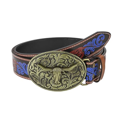 Western Cowboy Cowgirl Belt Country belt for Men Women Vintage Engraved Leather Longhorn Bull Buckle Belts for Jeans