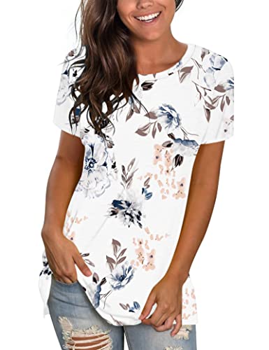 WNEEDU T Shirt Summer Ladies Tops Floral White M