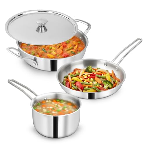 Image of Impex 4 Piece Triply Stainless Steel cookware Set | 24cm Triply Kadai with Lid | 22cm Fry Pan |16cm Milk Pan | ISI Certified Nonstick 3-Layer Body | Fast & Even Heatin| 100% Toxin-Free | 5 Yr Warranty