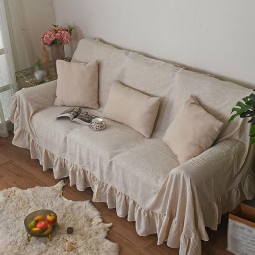 JadeRich One Piece Couch Cover Ruffle Hem Sofa Towel Cotton Flax Sofa Protector Solid Color