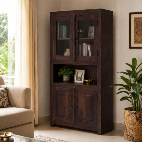 Image of SONA Art & Crafts Wood Crockery Cabinet with Glass Door | Wooden Book Shelf Cabinet with Storage Rack for Home & Office Living Room (Walnut Brown)