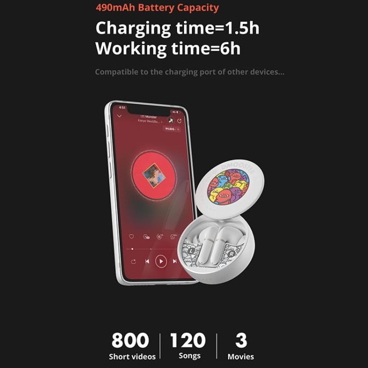 ELECTROPRIME D Monster D08 Earphones charging case next to a smartphone displaying music, illustrating battery capacity and charging information.