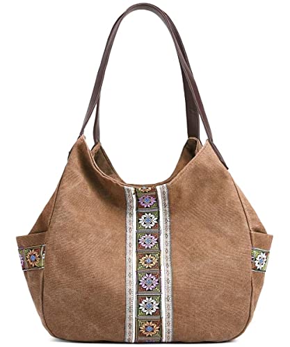 Image of Worldlyda Women Canvas Hobo Purse Multi Pocket Tote Shopper Shoulder Bag Casual Top Handle handbag with Embroidery Ethnic