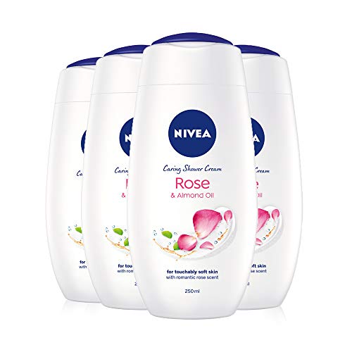 Nivea NIVEA Indulgent Moisture Rose Shower Cream Pack de 4 (4 x 250 ml), gel de ducha hidratante con leche de almendras, lujoso gel de baño para mujer, gel de baño con aceite de argán
