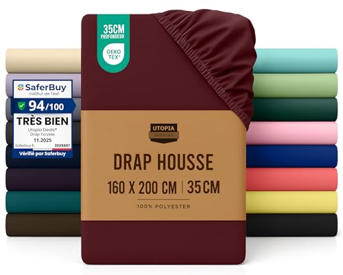 Utopia Bedding Drap Housse - Bordeaux, 160 x 200 cm - Certifié Oeko-Tex - Bonnets 35 cm pour Matelas Épais - Polyester Microfibre Brossée
