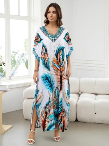 Image of IMAGEKOPE Women's Plus Size Loose Fit Moroccan Print V-Neck Batwing Kaftan Beach Dress Bathing Suit Cover Up