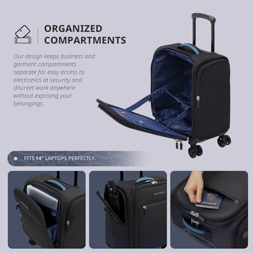 Image of VERAGE Carry On Underseat Luggage with USB Port, Underseater Rolling Spinner Luggage,14.5 inches Softside Suitcase Airline Approved, Navy, Upgrade-14-Inch Plus Underseat