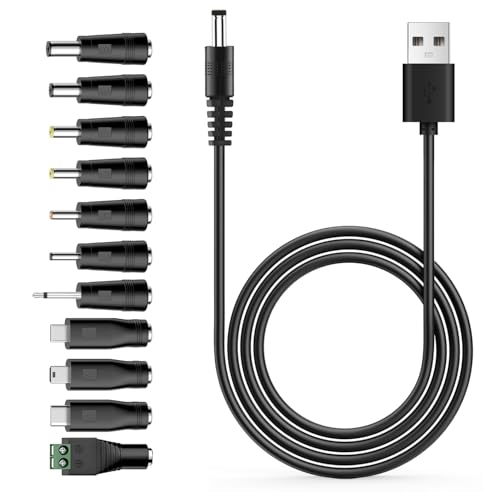EGOCHALLENGER Versatile Charging Cable Power Core, USB to DC, 11 Connector Tips (Micro-USB, Type-C, Mini USB,2.5mm, 5.5x2.1, 2.5x0.7mm, 3.0x1.1mm, 3.5x1.35mm, 4.0x1.7mm, 4.8x1.7mm, 5.5x2.5mm), 3.3 Ft