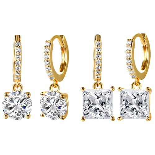 MDFUN Gold Dangle Hoop Earrings Set for Women 18K Gold Plated Hypoallergenic Dangling Huggie Earring Sets Cubic Zirconia Drop Jewelry (Round/Square) by MDFUN - Used condition - US$13.49