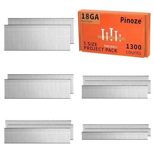 Image of PINOZE 18 Gauge Brad Nails Galvanized, 1300-Count (2 inch, 1-1 /2 inch, 1-1 /4 inch, 1 inch, 5 /8 inch) 18GA Nail Gun Nails Assorted and Small Finishing Nails Assortment for Pneumatic, Electric Brad Nailer Gun