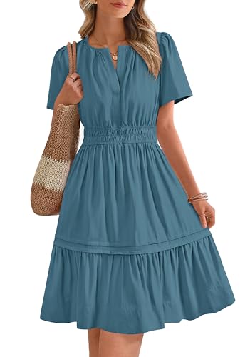 BTFBM Women's Casual Dresses 2025 Summer Spring V Neck Short Sleeve Sundress Smocked Waist A Line Tiered Mini Dress