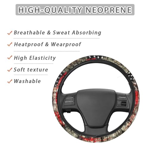 UNICEU Hunting Camouflage Deer Auto Steering Wheel Cover Accessory Universal Fit SUV Truck Vehicles,Camo Deer American Flag 15 Inch Neoprene Car Steering Wheel Wrap Car Interior Set