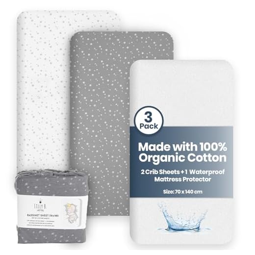 Bio-GOTS-Zertifiziert. Set mit 2 Bettlaken für Kinderbetten, 140 x 70cm, ausgestattet + 1 wasserdichter Matratzenschoner, 100 % Bio-Baumwoll-Jersey-Bettwäsche für Kleinkinder und Babys, Unisex-Muster