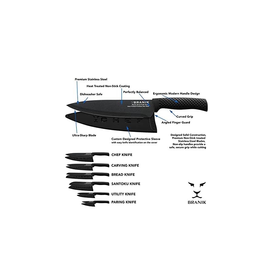 BRANIK 6Pc Black Kitchen Knife Set with Protective Sheaths & Giftbox, Premium German Steel with Special Non-Stick Coating making them Dishwasher Safe. Sharp black knives set for kitchen Knife set.