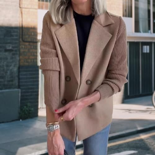 Women's Crop Trench Coat Jacket Lapel Button Patchwork Sleeve Knitted Pea Coat Casual Double Breasted Blazer Sweater2