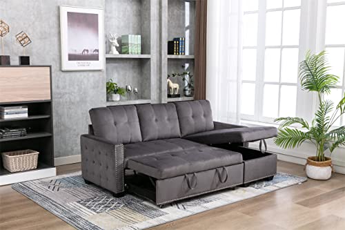TRIPLE TREE L-Shaped Sectional Sofa, Reversible Couch Sleeper with Pull Out Bed, 2 Seater Corner Sofa Bed with Storage Chaise, Modern Convertible Sofa for Living Room, Office and Apartment, Dark Gray