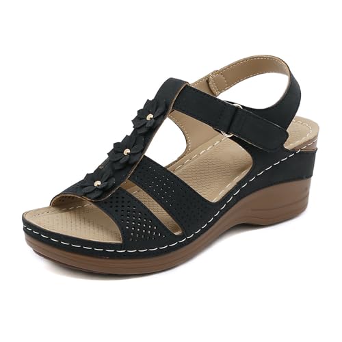 Sandales de coin avec arc support large largeur et motifs fleurs d'été pour femmes
