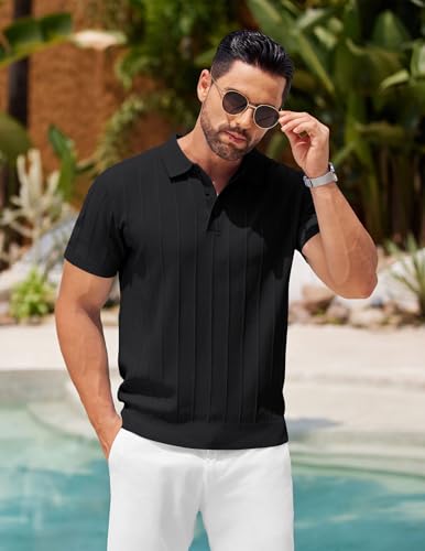 COOFANDY Mens Knit Polo Shirts Short Sleeve Ribbed Textured Polo Shirt Lightweight Casual Golf Shirts Collared T Shirt4