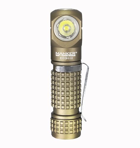 Image of Manker E03H III Rechargeable Headlamp Pocket Mini Flashlight with Clip - 90 Degree EDC Right Angle Flashlight with Headband and Magnet Tail (6500K Cool White, Sand)