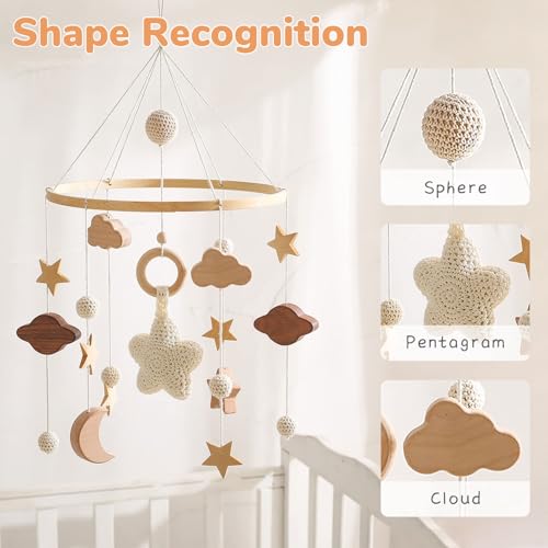 Image of SNOWIE SOFT Cradle Toys Hanging, Cute Wooden Crib Toys for New Born Baby with Assorted Wooden Charms Crib Mobile Toy Baby Soothing Toy Babies Cribs Ornament Babies Rustic Nursery Room Decor