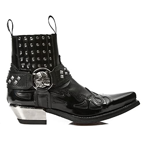 New Rock 7950-S9 Mens Black Ankle Boots Western Goth Strap Skull Stud Metal