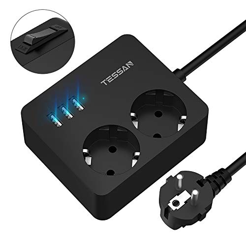 2 Fach Steckdosenleiste(2500W/10A) mit 3 USB(2.4A) Ladegerät Reise Steckerleiste, Mehrfachsteckdose Steckdosenadapter mit