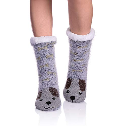 FNOVCO Womens Fuzzy Cozy Cute Cartoon Animal Non-Slip Winter Thermal Slipper Socks (Dog 02)