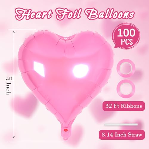 Image of 100 Pcs Pink Heart Balloons,5 Inch Heart Foil Balloons Love Balloon Valentine Balloon for Birthday Party Wedding Engagement Party Baby Shower Valentine Day Decorations