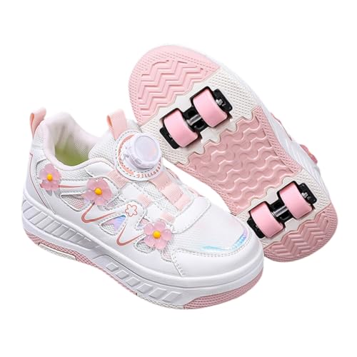 Surwin Zapatillas con 4 Ruedas Niña, Zapatos con Patines para Niñas Zapatos Deportivos de Niños con Ruedas 2 en 1 Hebilla Giratoria Decoración Flor Zapatillas de Skateboard 30-40 EU (Rosa,31)