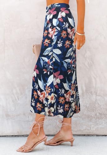Image of HERBATOMIA Women's Floral Print Midi Skirt Casual High Elastic Waist Zipper Vintage Long Boho Skirts for Women