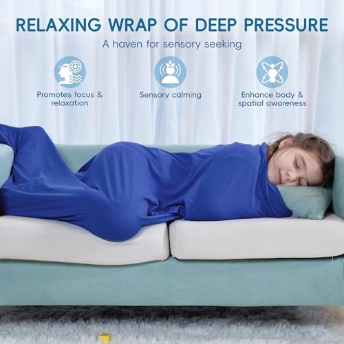 Image of OUTREE Sensory Sock for Kids 6-9 Years, Medium, 43''x27.5'', Good for Height:43'' - 51'', Body Sock Helps Kids Relax and Focus, Sensory Toys for Autistic Children with Carrying Bag, Blue