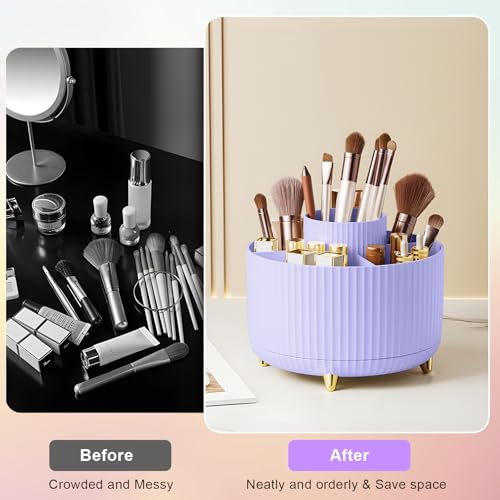 Image of Diesisa Makeup Brush Holder Organizer,360 Rotating Makeup Brush Organizer,5 Slot Make up Brushes Cup for Cosmetics, Nail Polish, Art Supply, Bathroom Vanity Desktop Organizer - Purple