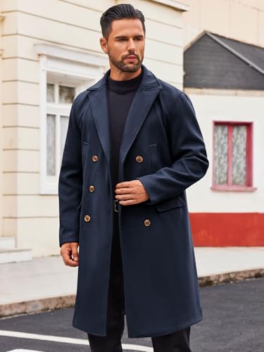 Image of Runcati Mens Trench Coat Notch Lapel Slim Fit Double Breasted Casual Long Business Pea Coat Overcoat