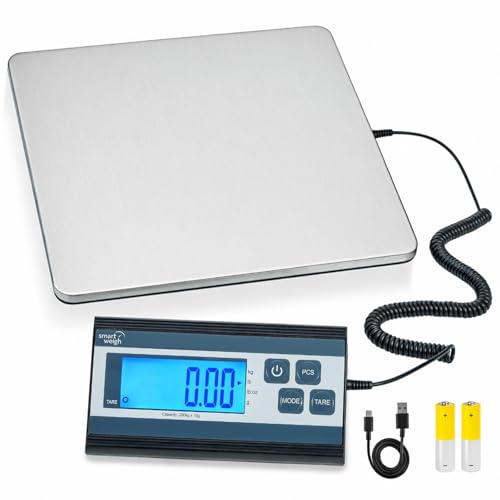 Smart Weigh Digital Postal Shipping Scale, 440 lb Capacity, 1 oz Readability, Hold &amp; Tare Functions, Battery or USB-C Power, Corded Display, Stainless Steel Large Platform, Silver