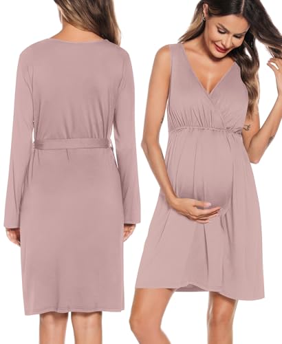 Image of SWOMOG Women Maternity Nursing Gown and Robe Set 3 in 1 Labor Delivery Nursing Nightgown for Breastfeeding Hospital Bathrobe