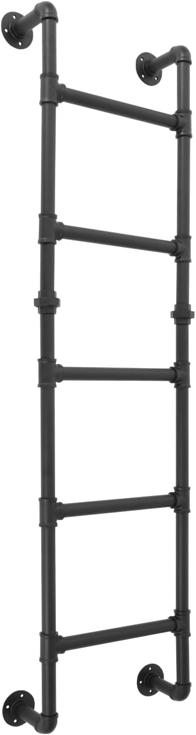 5-Rung Bunk Bed Ladder, 5.4×1.5FT Wall Mount Basement Window Well Egress, Black Wrought Iron Industrial Pipe Step Loads 330lbs, Indoor Outdoor Metal for Attic Loft Dorm RV Deck Wall(5.4FT/165cm)