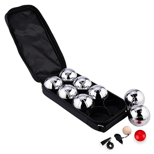 8-teilige Metall Boule Kugeln Set mit Tasche, Magnet, Distanzmesser & Holz-Cochonnet – Boccia / Botcha Spiel für Kinder & Familien - Petanque, Jeu de Boules, Cross Boule, Boßelkugel-Set - 010203
