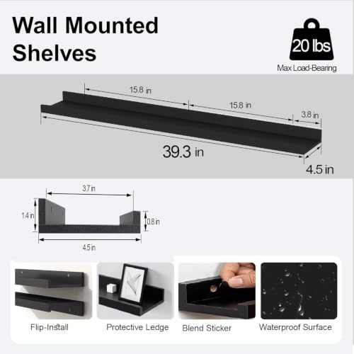 Image of Black Floating Shelves for Wall Decor, 40 in Shelf with Lip Set of 2