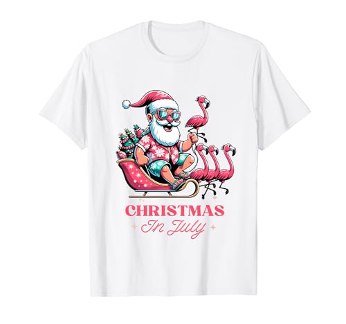 Divertente Natale a luglio Estate Babbo Natale Flamingo Slitta Natale Maglietta