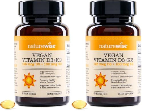 Image of NatureWise Vegan Vitamin D3 + K2 - Natural D3 5000IU + Natural Vitamin K2 100mcg - Bone Support - High Absorption with Organic Cold-Pressed Olive Oil - Non-GMO, (Pack of 2)