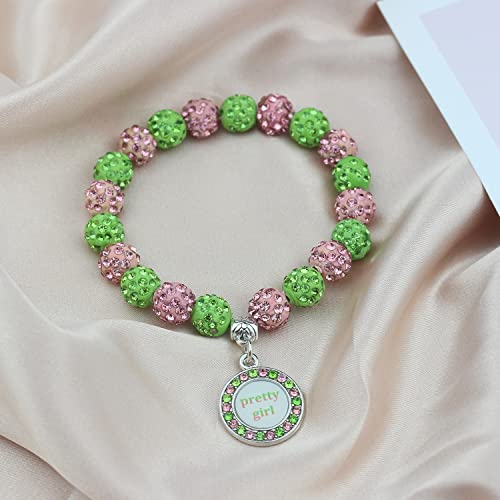 Scwasen Greek Sorority Paraphernalia Bracelet Gifts Pink and Green Sorority Jewelry Rhinestone Brooch Necklace Sisterhood Gift for Women Soror3
