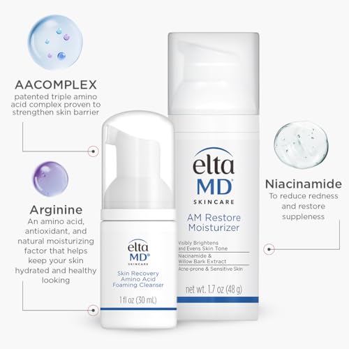 Image of EltaMD AM Restore Face Moisturizer and Skin Recovery Amino Acid Foaming Facial Cleanser Set, For Acne-Prone and Sensitive Skin, 1.7 Fl Oz Moisturizer and 1 Fl Oz Face Cleanser