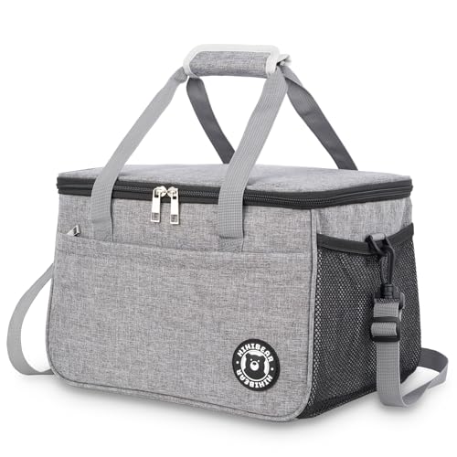 HIHIBEAR Bolsa Termica Porta Alimentos 9L, [ Forro de PEVA resistente a las fugas ] Bolsa Nevera Porta Alimentos, Bolsa Comida Trabajo, Lunch Bag, Bolsa de Almuerzo Oficina Viaje Picnic (Gris, 16L)