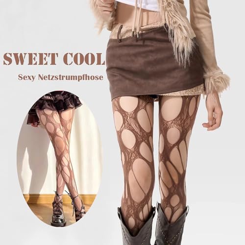 BrightGlow Sexy Netzstrumpfhose Damen Zerrissene Strumpfhose Punk Netzstrümpfe Blumen Spitze Muster Strumpfhose Elastisch Hohe Taille Fischernetz Mesh Strümpfe Fishnet Stockings Schwarz Einheitsgröße
