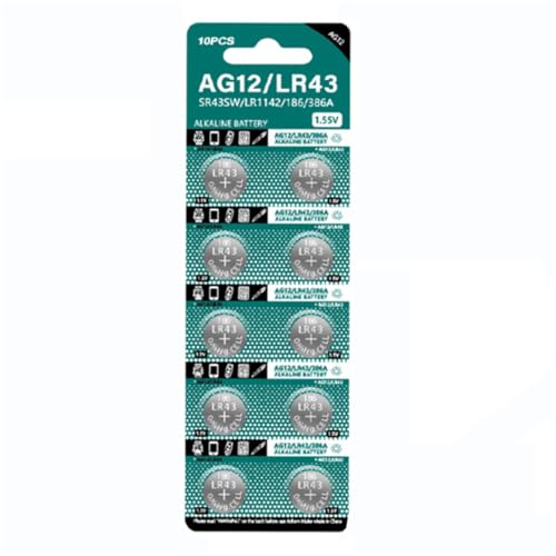 JUNINXIU AG12 Battery L1142 Battery LR43 Battery SR43 D386 D301 186 SR43 1.5v Premium Alkaline Button Batteries5-Year Shelf Life(10 Count)