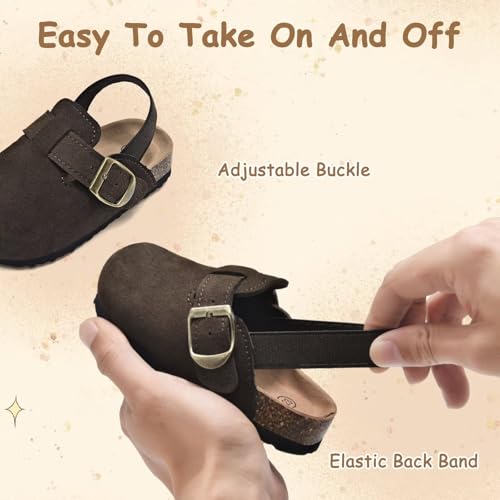 Image of Kids Suede Clogs Boys Girls Mules Cork Genuine Leather Sandals with Adjustable Buckle Slippers Potato Shoe Indoor Outdoor Slip On Slide for Big Kids