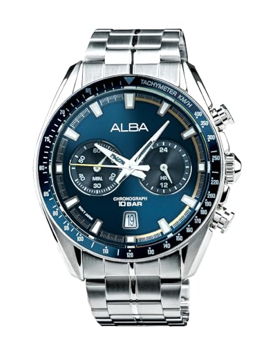 Image of ALBA Stainless Steel Men's Signa Analog Blue Dial Watch (A4B017X1), Band Color:Silver