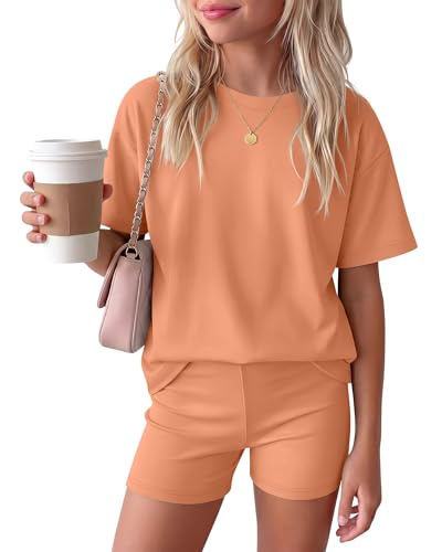 Image of Oakgarden Girls 2 Piece Outfits School Clothes | Back to School, Travel, Summer, Casual Sets, Athletic, Short Sleeve Top, Bike Shorts, Tween, Trendy, Matching Clothing, 5-14Y