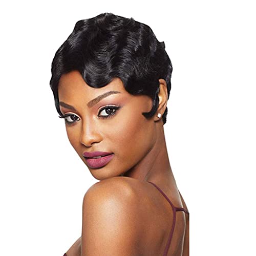 WIN NICE Short Finger Wavy Wig Real Retro African Black Wigs Mommy Wig Brazilian Virgin Human Hair Curly ​Ocean Wave Pixie Cut wigs for Black women (1B#)